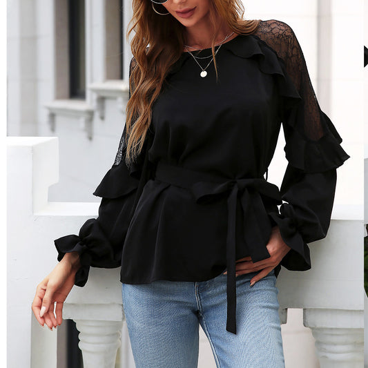 Round Neck Front Tie Flounce Sleeve Lace Cap Blouse-Teresa&#39;s Fashionista LLC