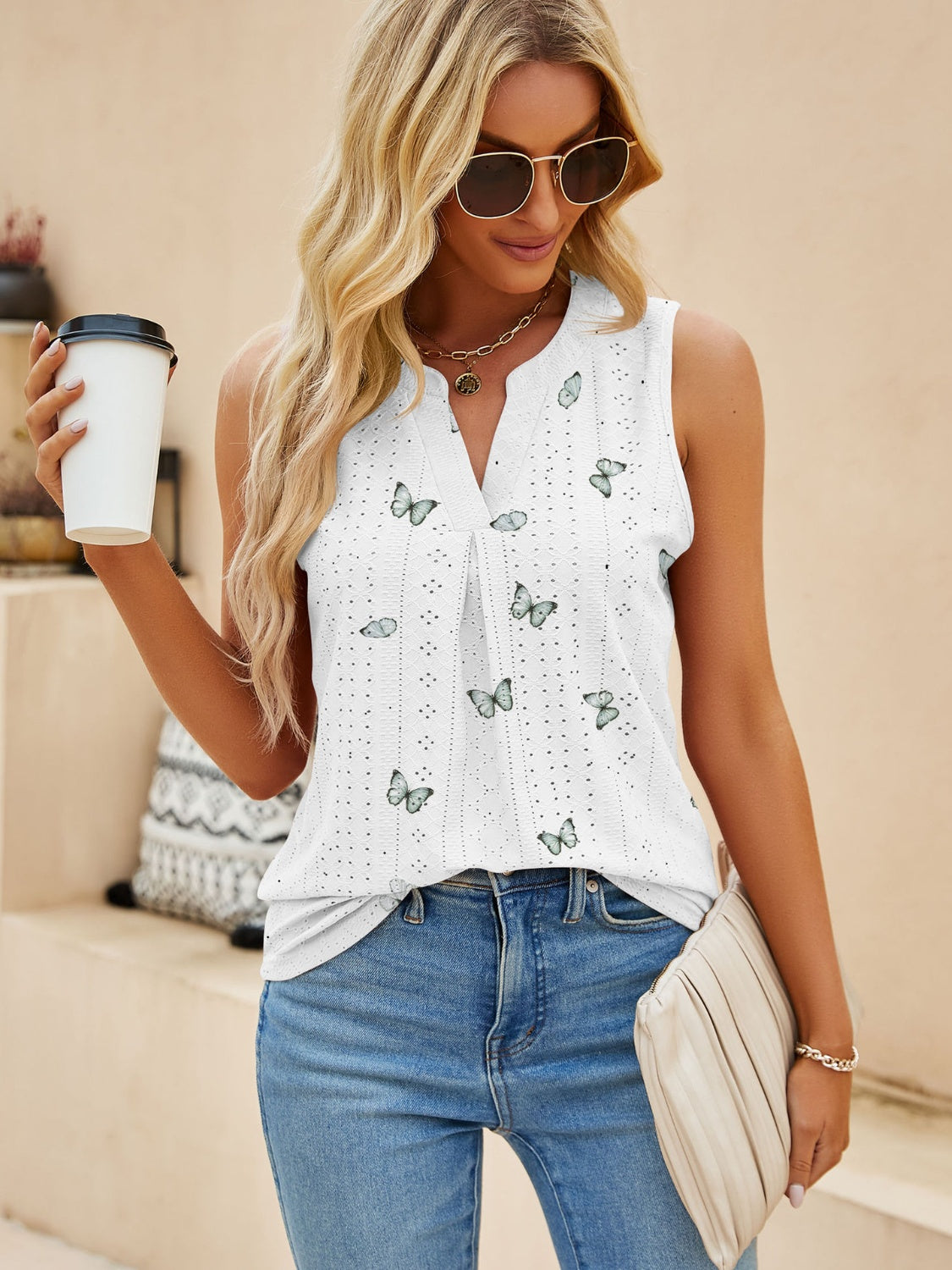 Eyelet Printed Notched Tank-Teresa&#39;s Fashionista LLC