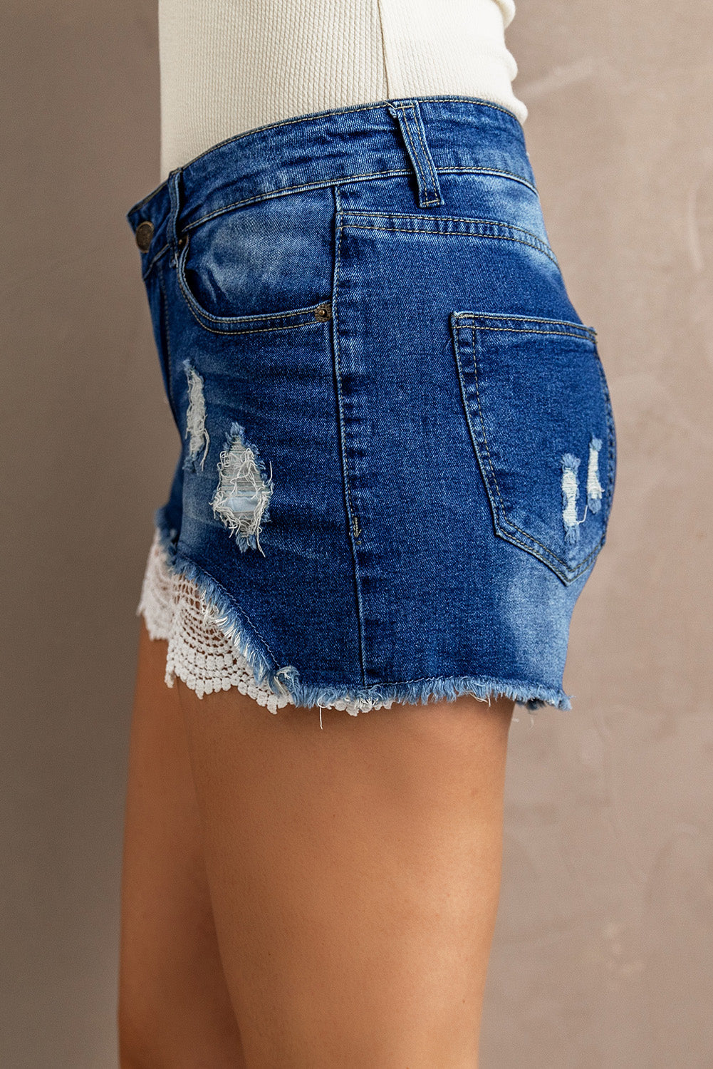 Spliced Lace Distressed Denim Shorts-Teresa&#39;s Fashionista LLC