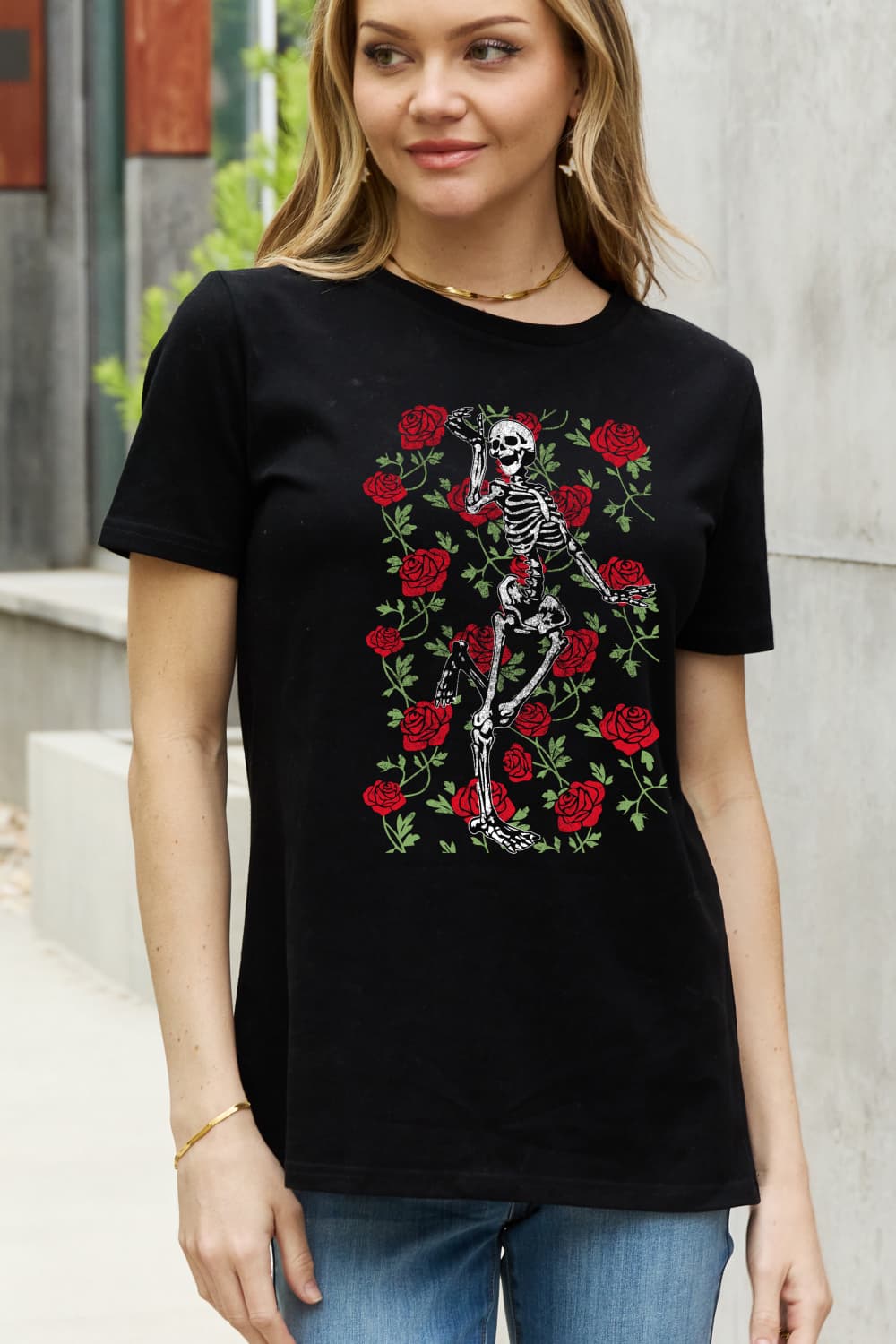 Simply Love Full Size Skeleton & Rose Graphic Cotton Tee-Teresa&#39;s Fashionista LLC