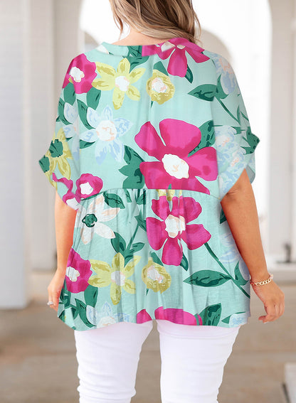 Plus Size Printed Notched Neck Half Sleeve Top-Teresa&#39;s Fashionista LLC