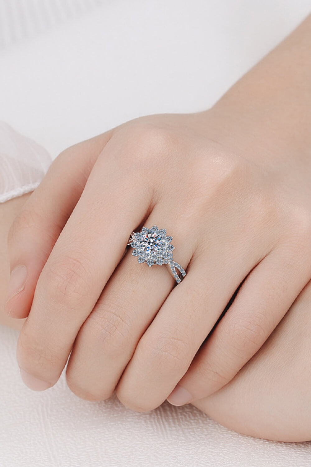 Moissanite Flower-Shape Split Shank Ring-Teresa&#39;s Fashionista LLC