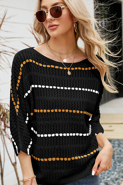 Striped Openwork Three-Quarter Sleeve Knit Top-Teresa&#39;s Fashionista LLC