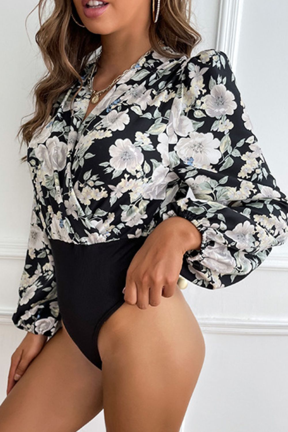 Floral Surplice Neck Puff Sleeve Bodysuit-Teresa&#39;s Fashionista LLC