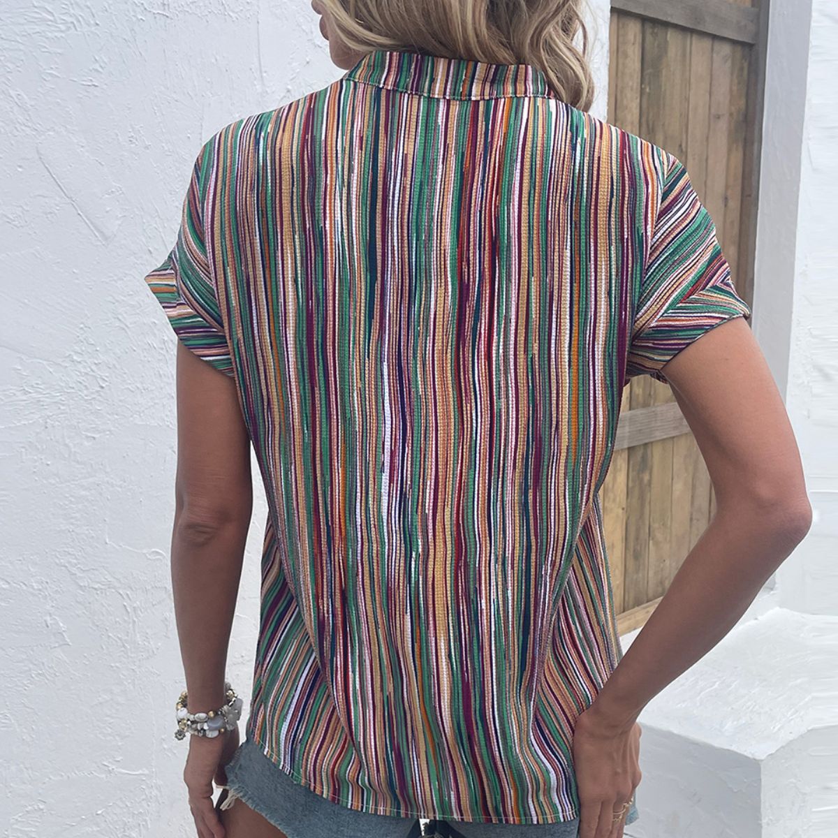 Multicolored Stripe Notched Neck Top-Teresa&#39;s Fashionista LLC