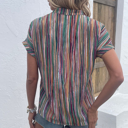 Multicolored Stripe Notched Neck Top-Teresa&#39;s Fashionista LLC