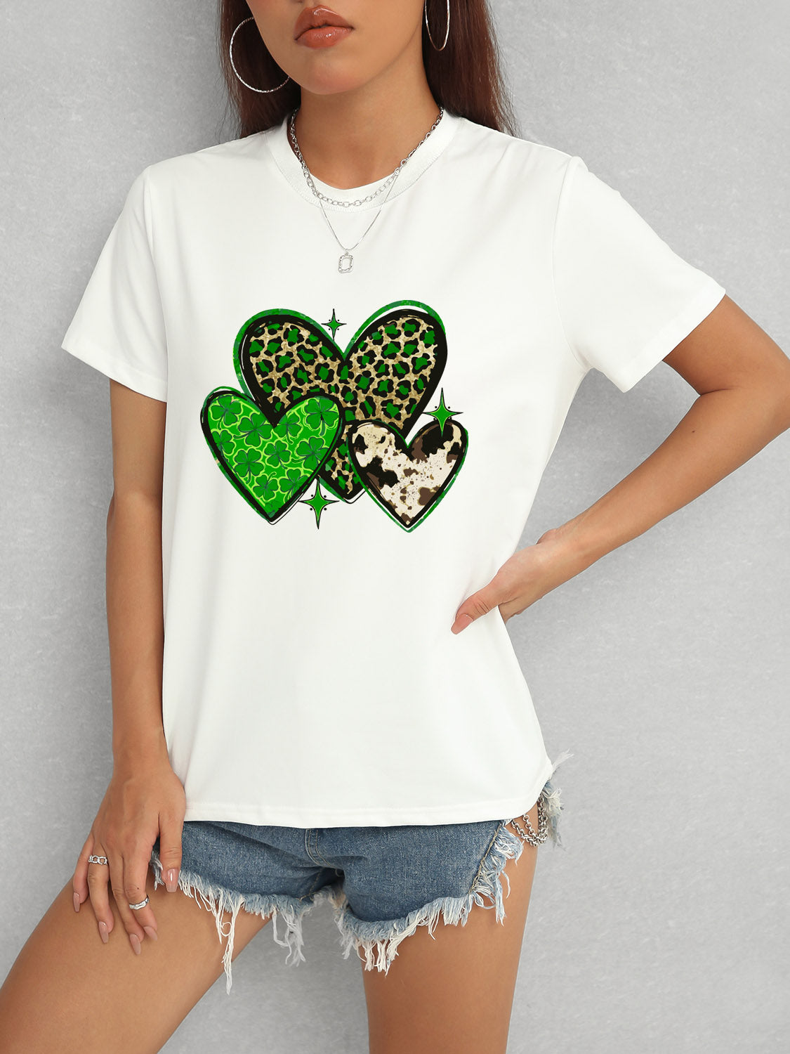 Heart Round Neck Short Sleeve T-Shirt-Teresa&#39;s Fashionista LLC