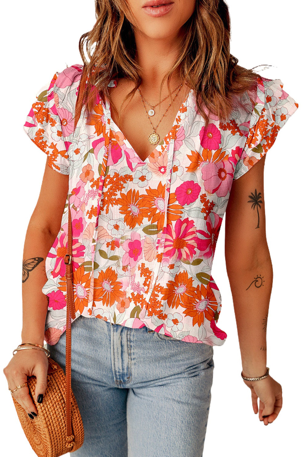 Floral Tie Neck Flutter Sleeve Blouse-Teresa&#39;s Fashionista LLC