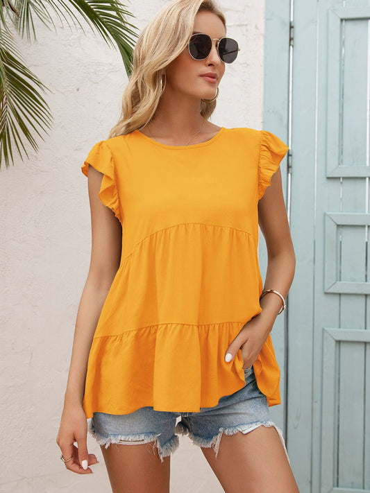 Round Neck Flutter Sleeve Tiered Blouse-Teresa&#39;s Fashionista LLC