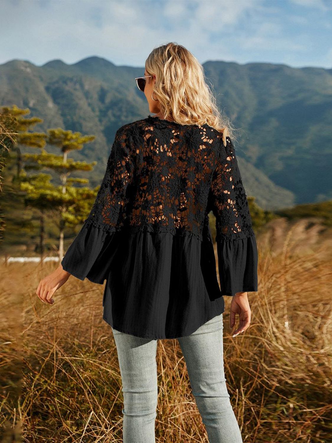 Spliced Lace Buttoned Blouse-Teresa&#39;s Fashionista LLC