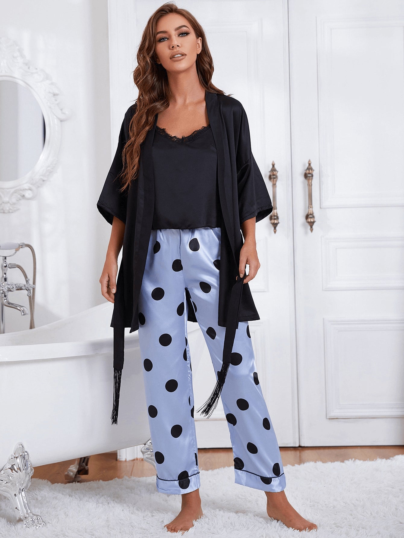 Cami, Robe, and Printed Pants Pajama Set-Teresa&#39;s Fashionista LLC