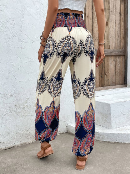 Printed Smocked High Waist Pants-Teresa&#39;s Fashionista LLC