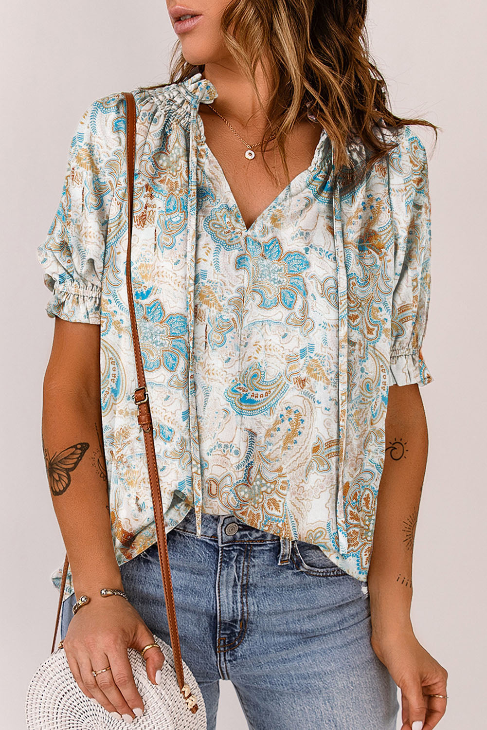 Printed Tie Neck Flounce Sleeve Top-Teresa&#39;s Fashionista LLC