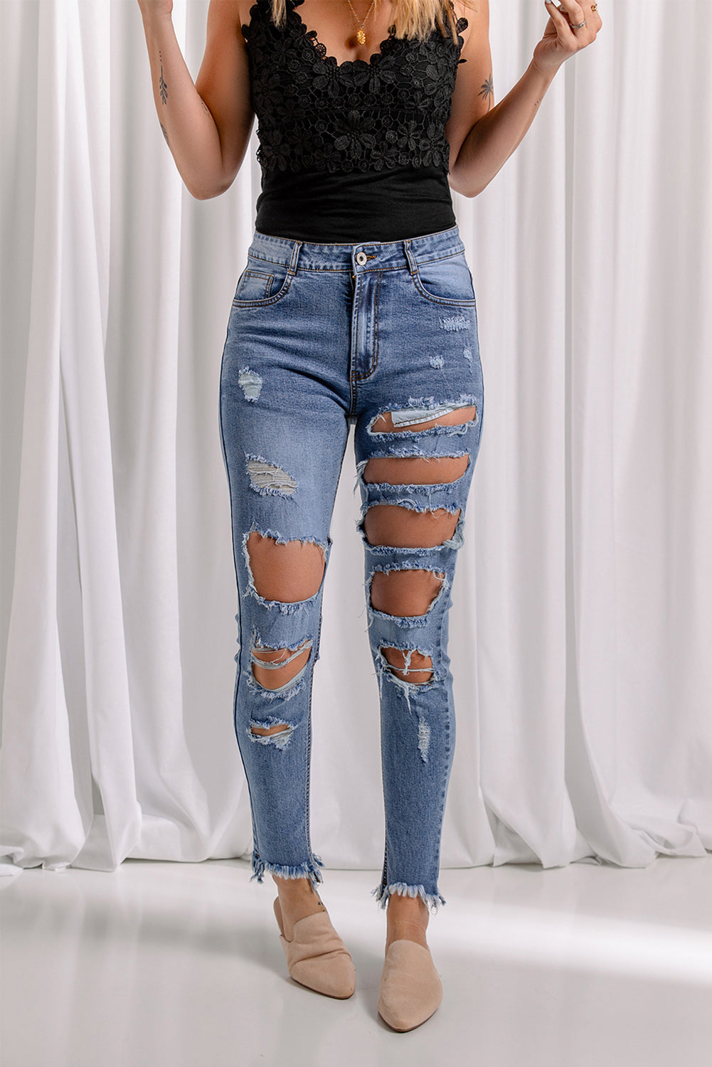 Distressed Raw Hem Skinny Jeans-Teresa&#39;s Fashionista LLC