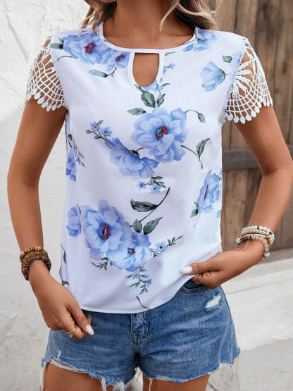 Floral Cutout Round Neck Blouse-Teresa&#39;s Fashionista LLC