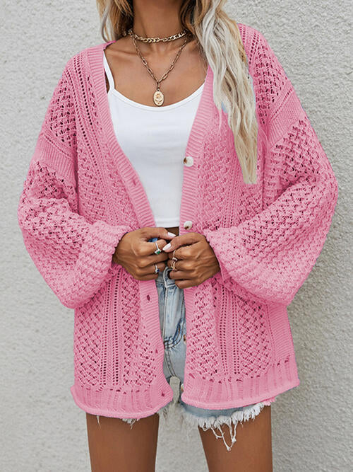 Openwork Button Front Cardigan-Teresa&#39;s Fashionista LLC