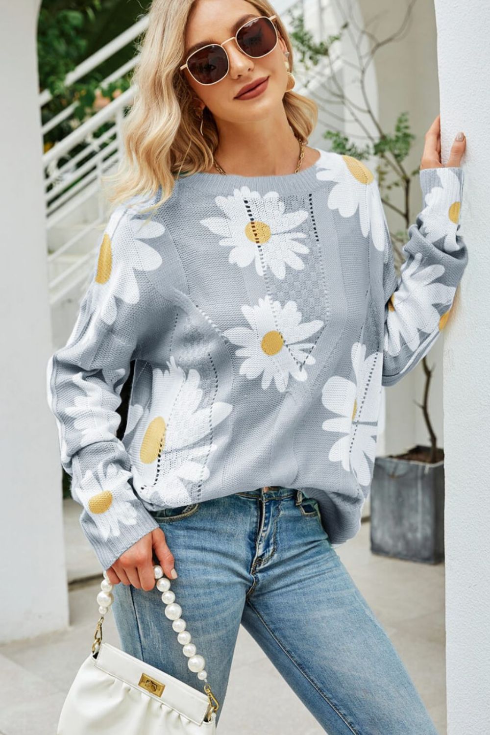 Daisy Print Openwork Round Neck Sweater-Teresa&#39;s Fashionista LLC