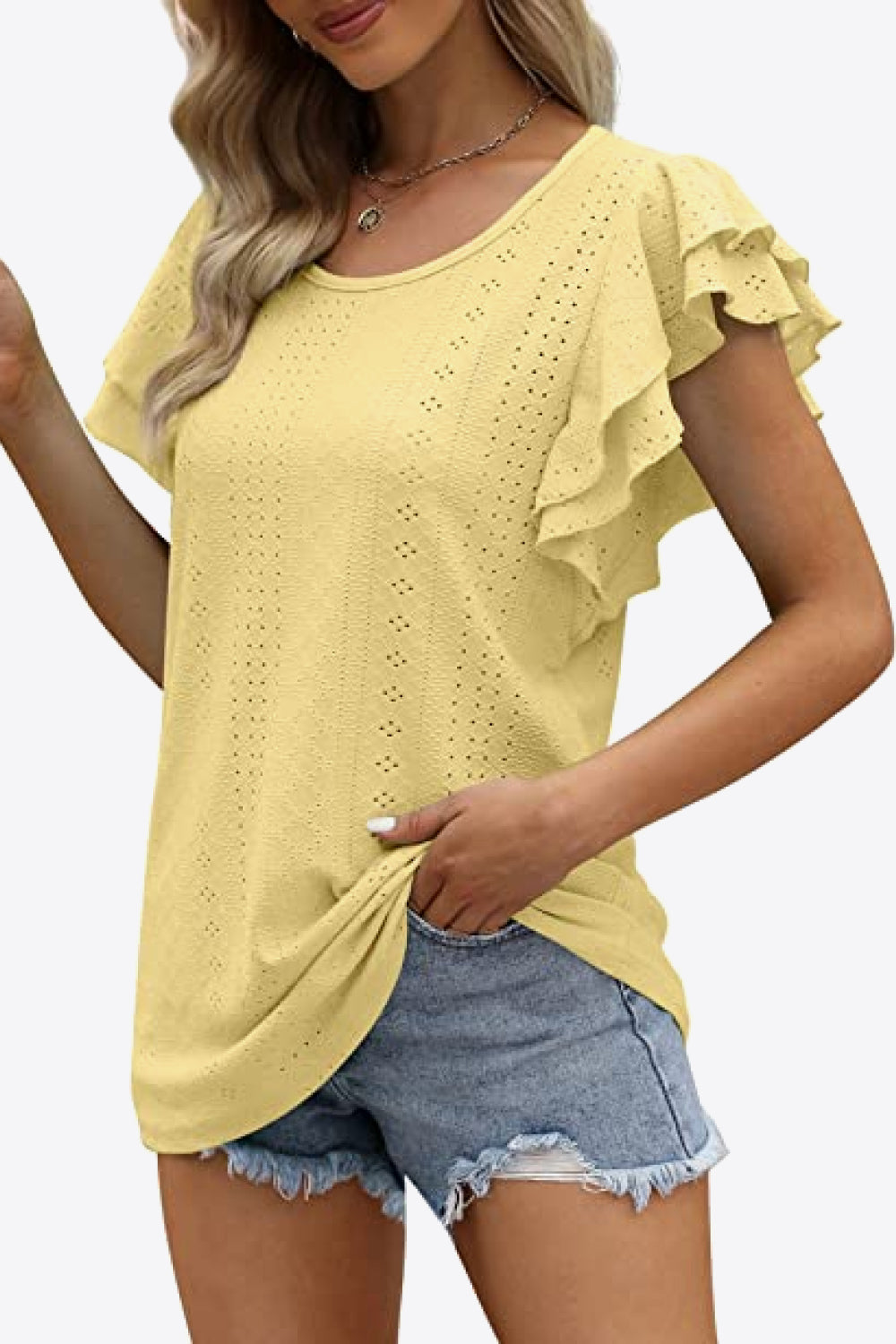 Round Neck Layered Flutter Sleeve Blouse-Teresa&#39;s Fashionista LLC