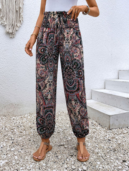 Paisley Print Smocked High-Waist Pants-Teresa&#39;s Fashionista LLC