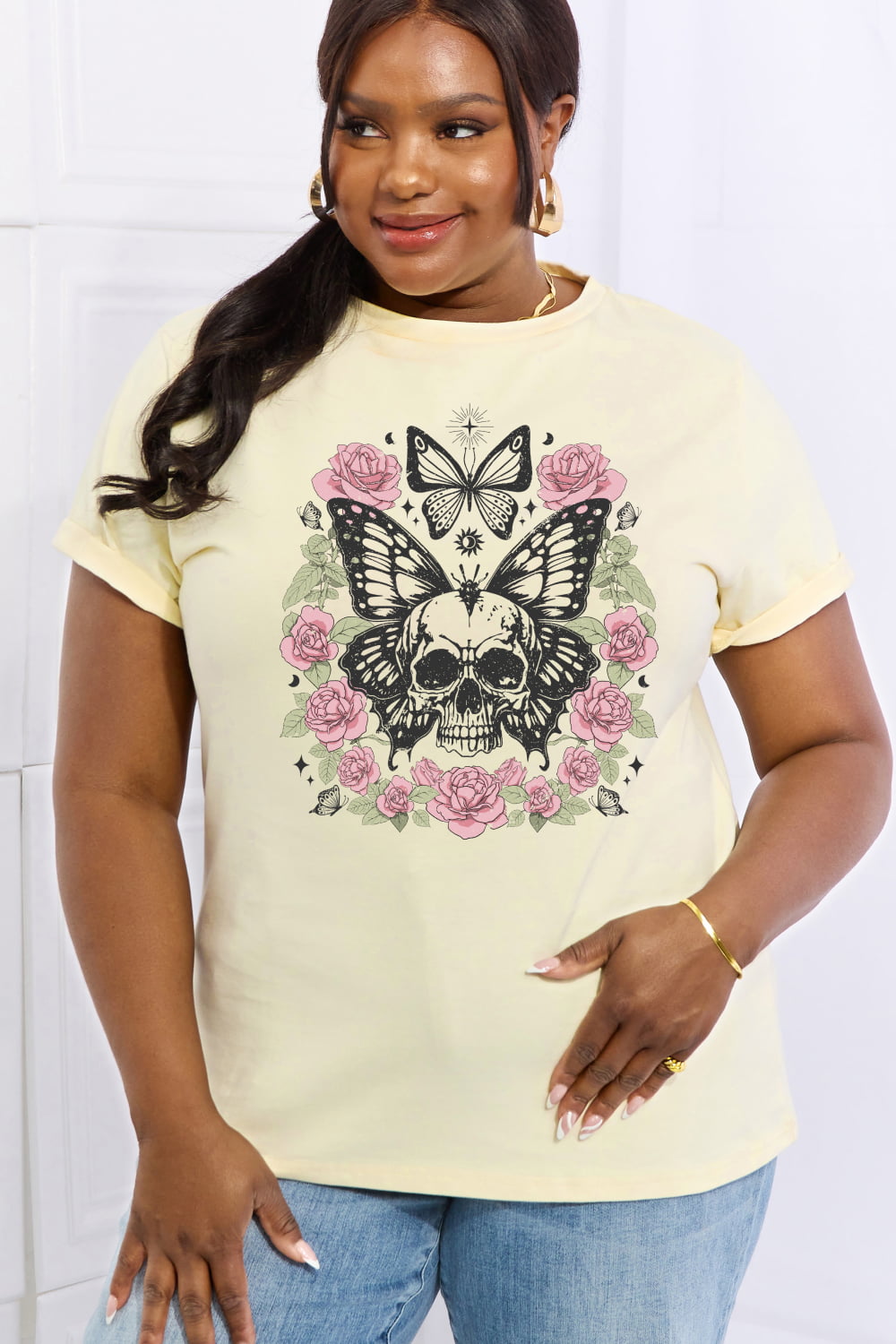 Simply Love Simply Love Full Size Skull & Butterfly Graphic Cotton Tee-Teresa&#39;s Fashionista LLC