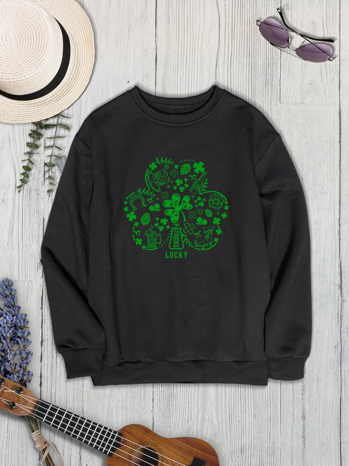 Lucky Clover Round Neck Sweatshirt-Teresa&#39;s Fashionista LLC