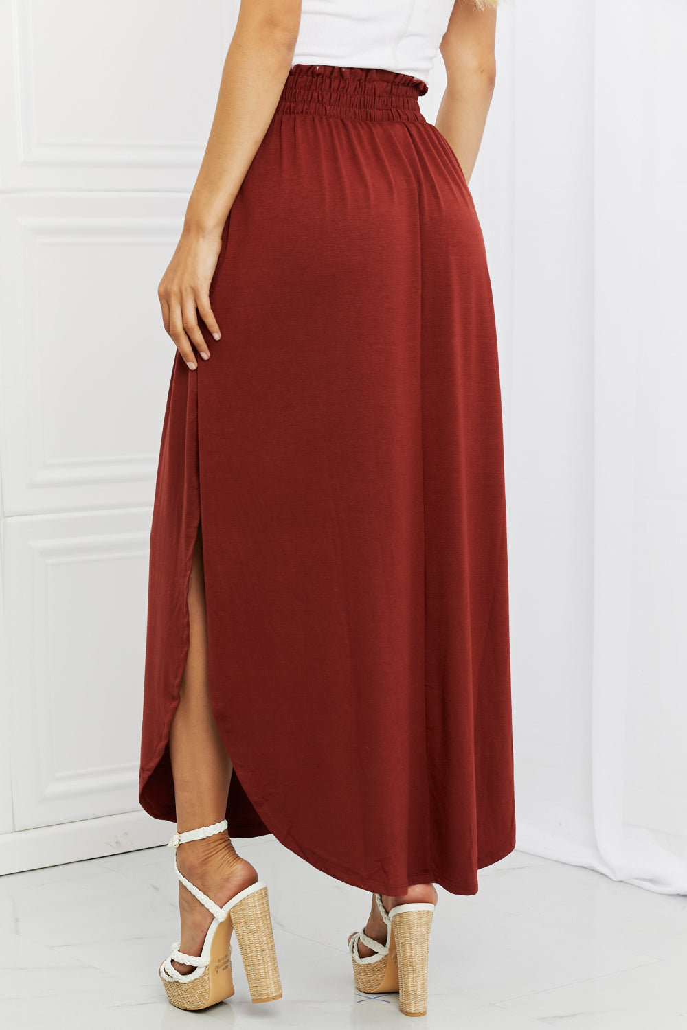 Zenana It's My Time Full Size Side Scoop Scrunch Skirt in Dark Rust-Teresa&#39;s Fashionista LLC