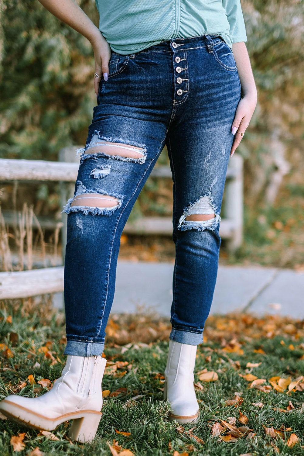 Plus Size Button Fly Distressed Jeans-Teresa&#39;s Fashionista LLC