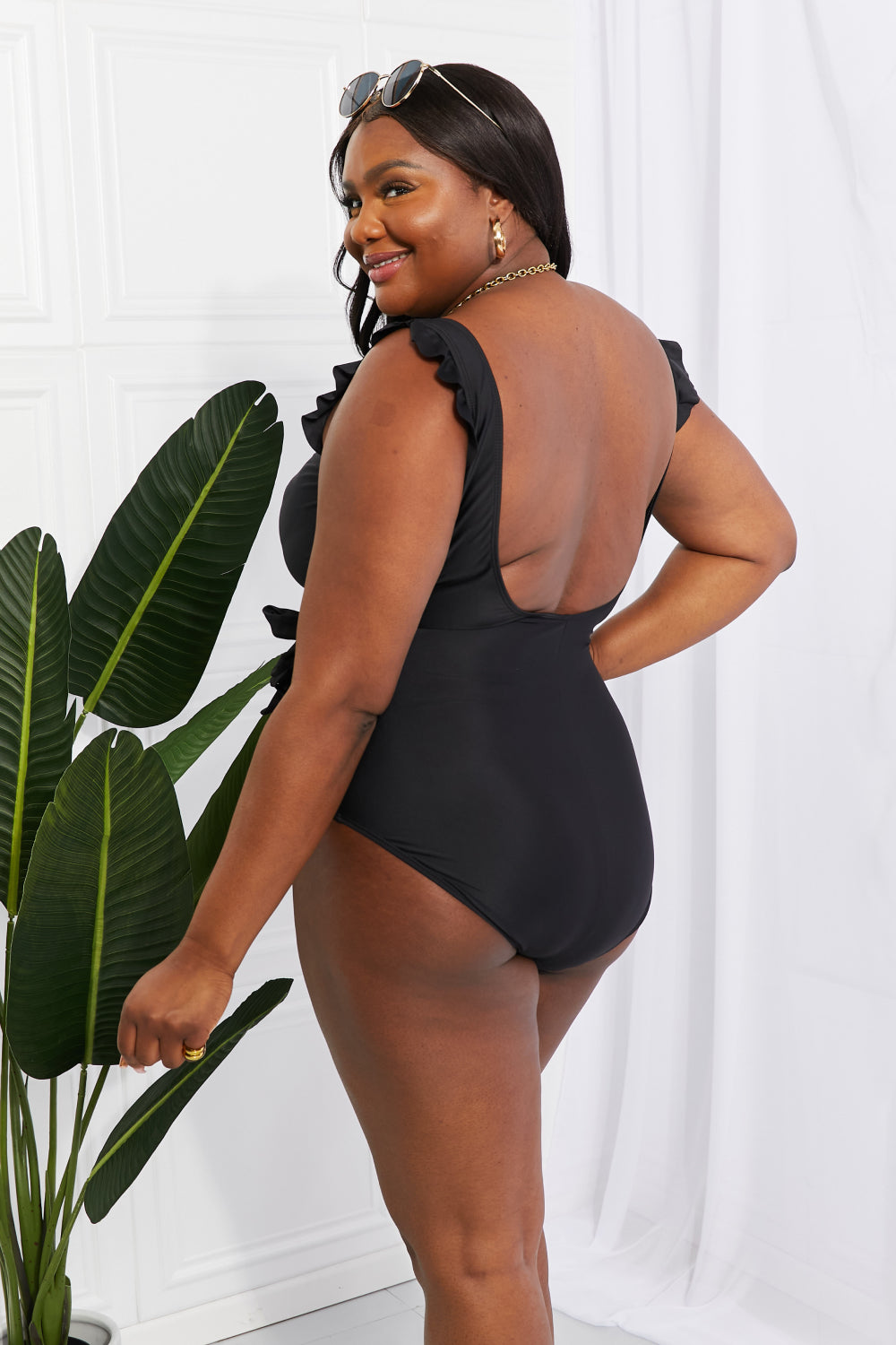 Marina West Swim Full Size Float On Ruffle Faux Wrap One-Piece in Black-Teresa&#39;s Fashionista LLC