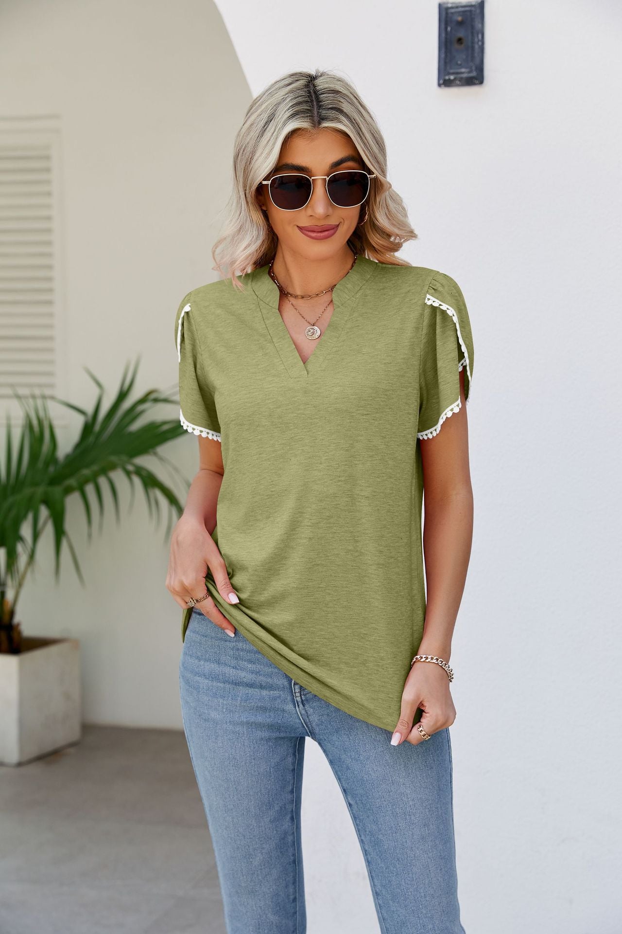 Pom-Pom Trim Petal Sleeve Notched Neck Top-Teresa&#39;s Fashionista LLC