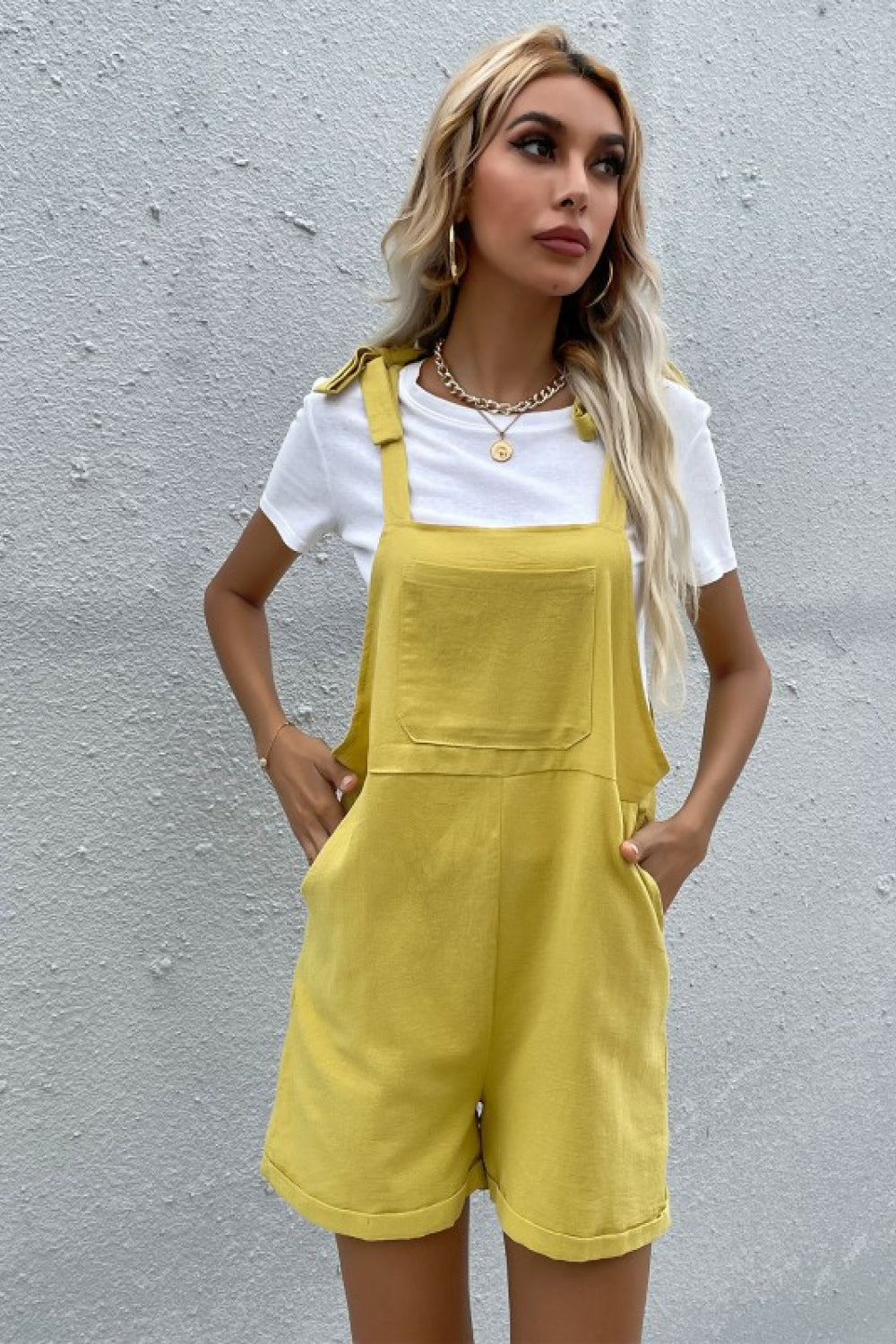 Tie Cuffed Short Overalls with Pockets-Teresa&#39;s Fashionista LLC