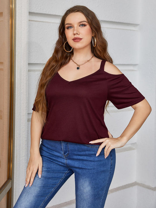 Plus Size V-Neck Cold-Shoulder Blouse-Teresa&#39;s Fashionista LLC