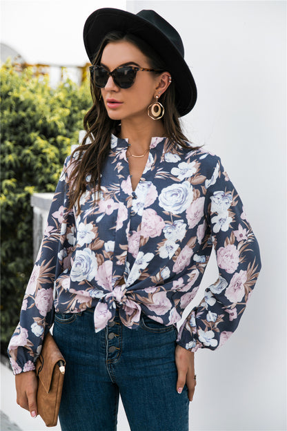 Floral Print Mock Neck Button Front Shirt-Teresa&#39;s Fashionista LLC