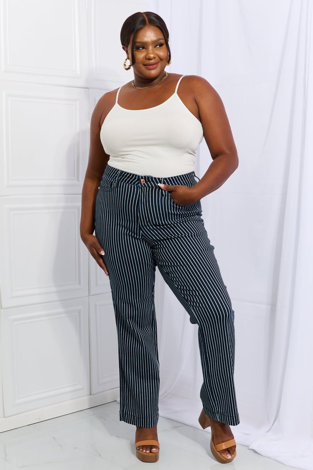 Judy Blue Cassidy Full Size High Waisted Tummy Control Striped Straight Jeans-Teresa&#39;s Fashionista LLC