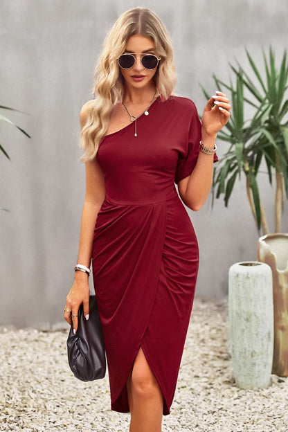 Ruched One-Shoulder Tulip Hem Dress-Teresa&#39;s Fashionista LLC