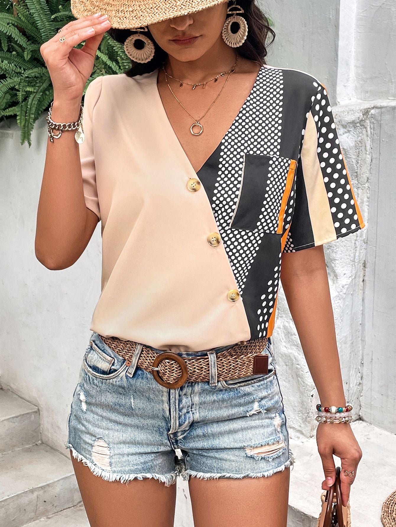 Plunge Flutter Sleeve Blouse with Pocket-Teresa&#39;s Fashionista LLC