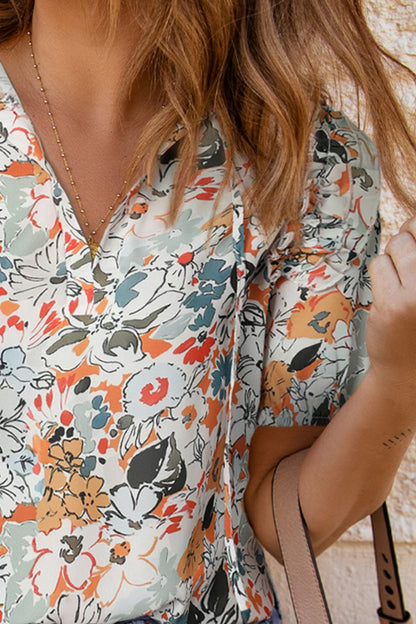 Floral Tie Neck Shoulder Detail Blouse-Teresa&#39;s Fashionista LLC