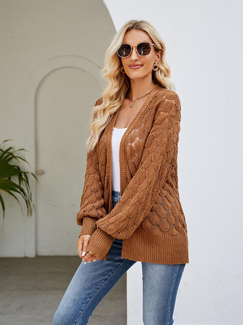 Openwork Open Front Lantern Sleeve Cardigan-Teresa&#39;s Fashionista LLC