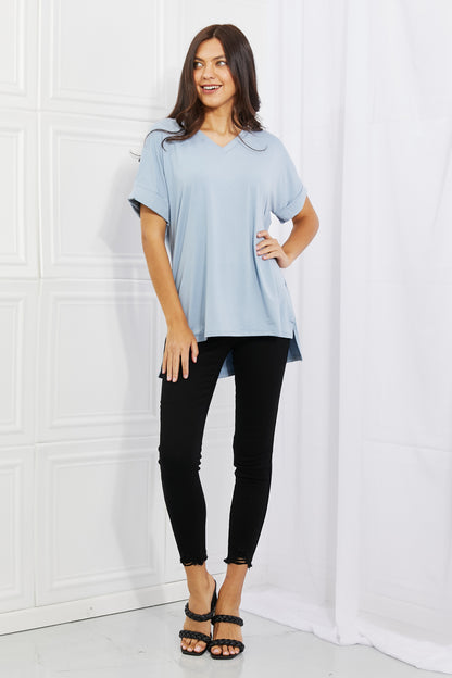 Zenana Simply Comfy Full Size V-Neck Loose Fit Shirt in Blue-Teresa&#39;s Fashionista LLC