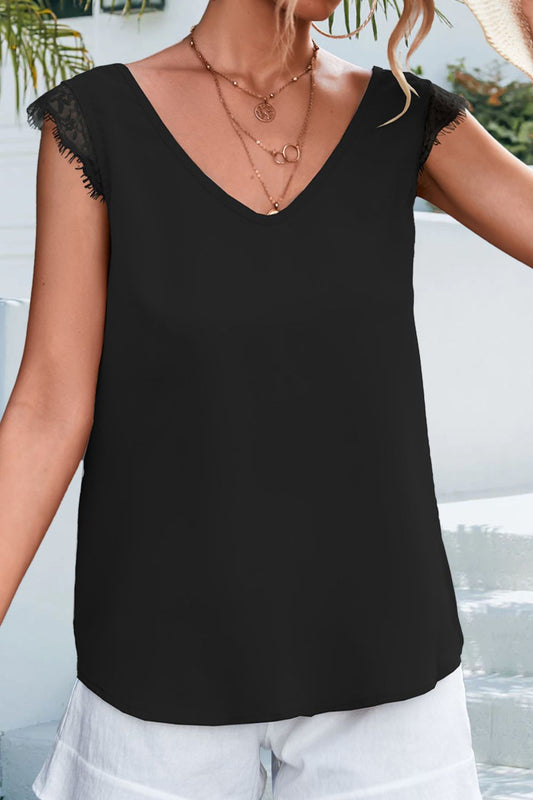 Lace Detail Eyelash Trim V-Neck Tank-Teresa&#39;s Fashionista LLC