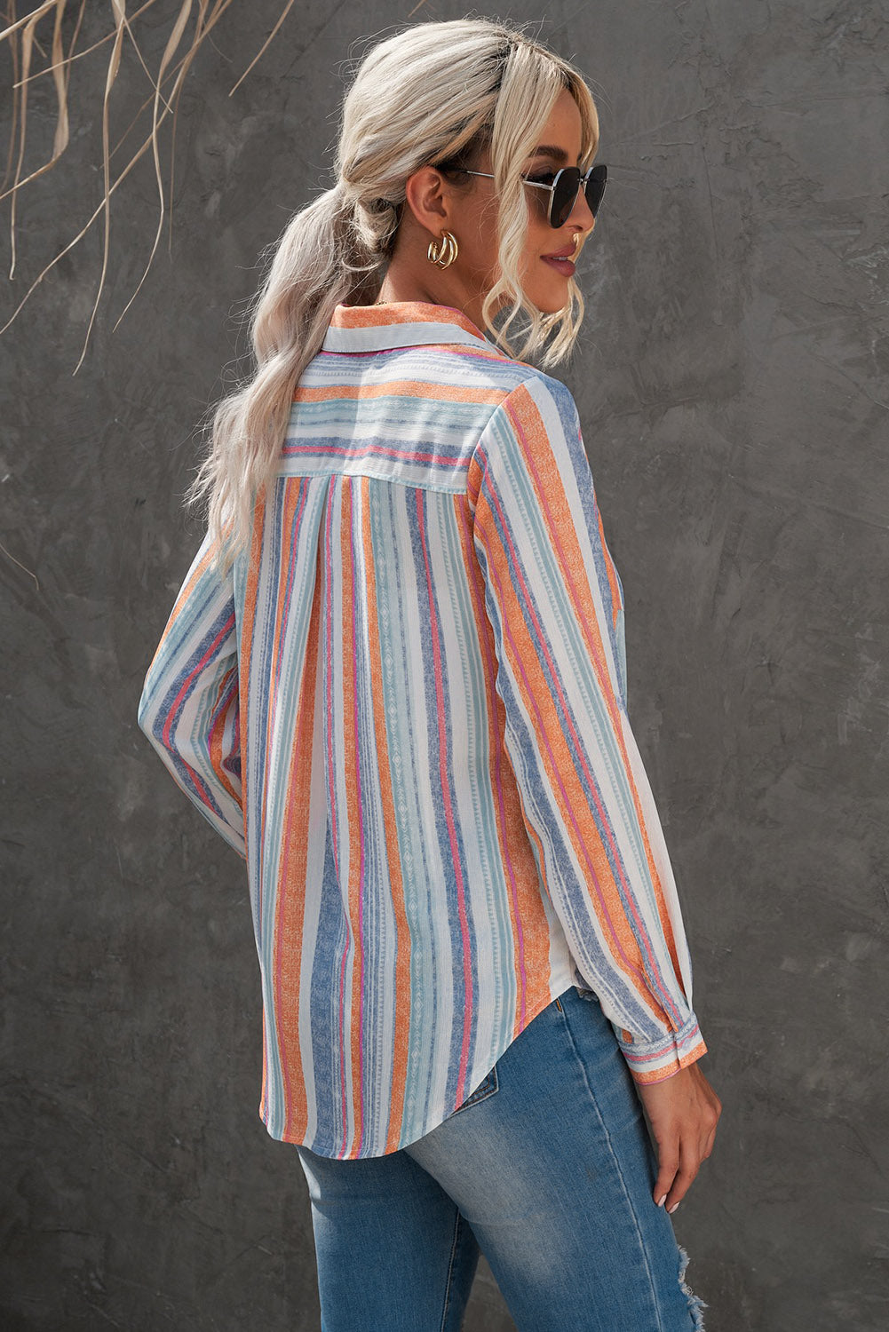 Striped Button-Up Curved Hem Shirt with Breast Pocket-Teresa&#39;s Fashionista LLC