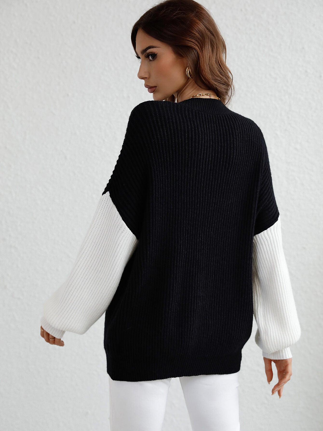 Two-Tone Rib-Knit Dropped Shoulder Sweater-Teresa&#39;s Fashionista LLC