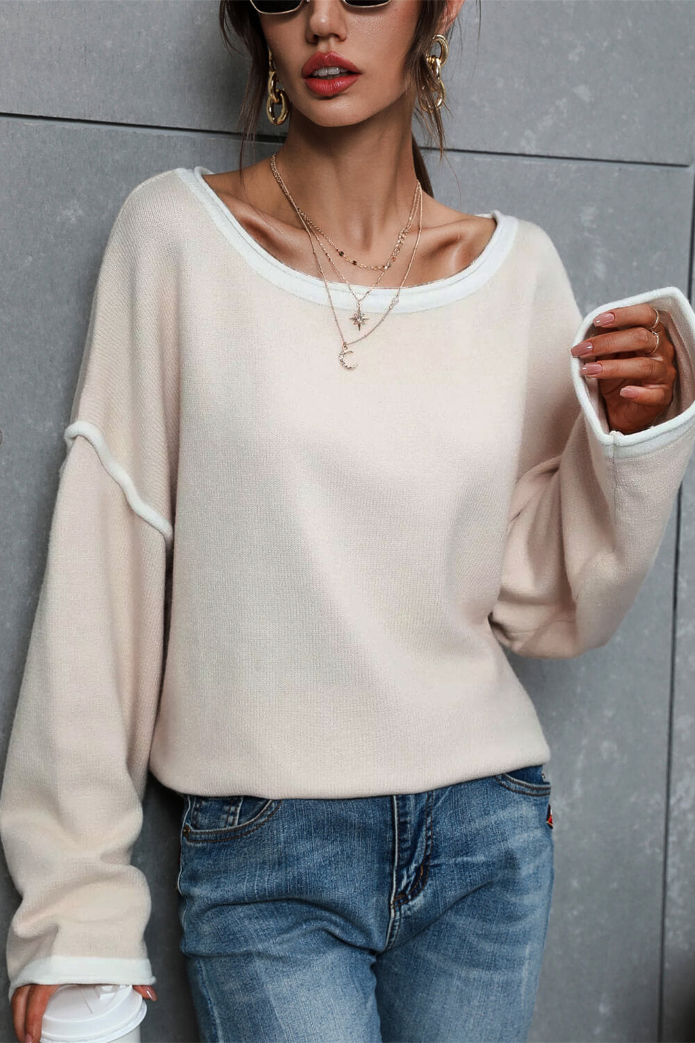 Contrast Detail Dropped Shoulder Knit Pullover-Teresa&#39;s Fashionista LLC