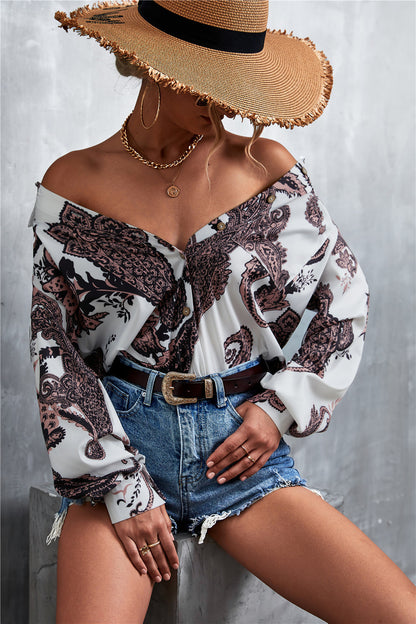 Printed Button Down Long Sleeve Shirt-Teresa&#39;s Fashionista LLC