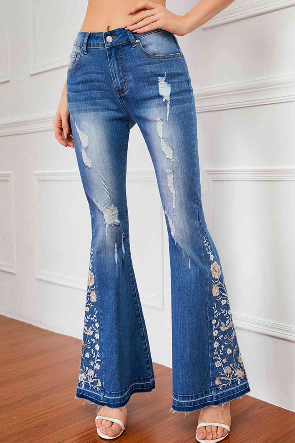 Full Size Flower Embroidery Distressed Jeans-Teresa&#39;s Fashionista LLC