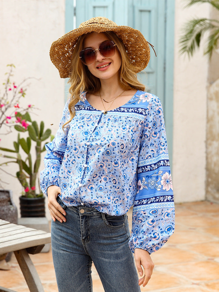 Full Size Bohemian Round Neck Balloon Sleeve Shirt-Teresa&#39;s Fashionista LLC