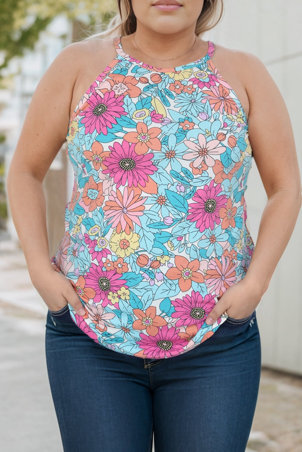 Plus Size Floral Round Neck Tank-Teresa&#39;s Fashionista LLC