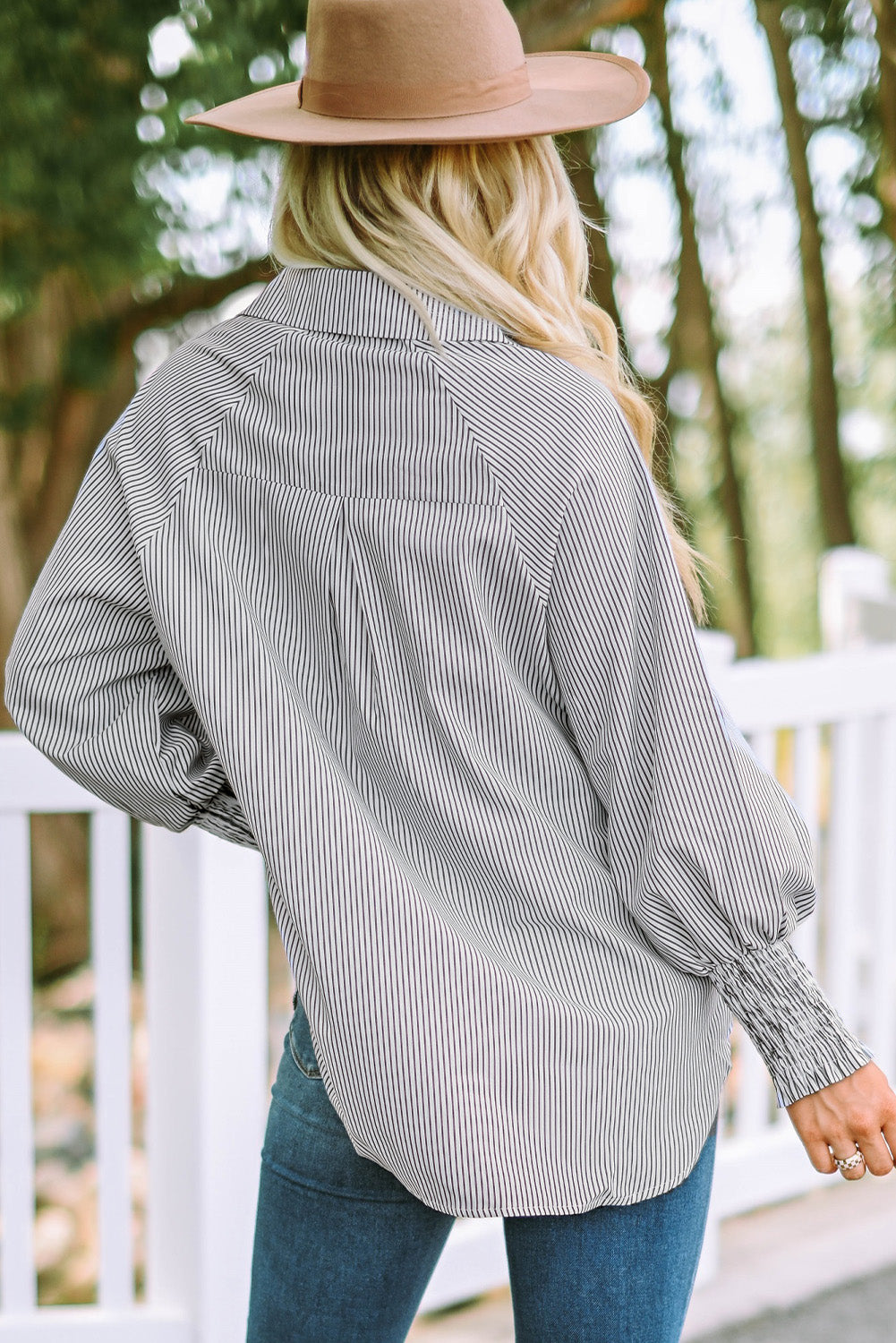 Striped Lantern Sleeve Collared Shirt-Teresa&#39;s Fashionista LLC