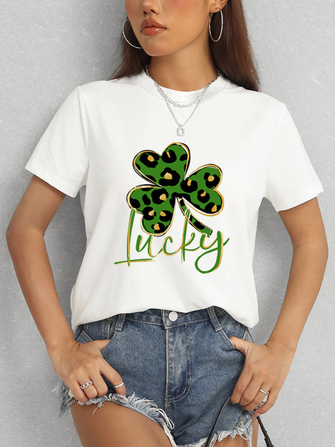 Lucky Clover Round Neck Short Sleeve T-Shirt-Teresa&#39;s Fashionista LLC