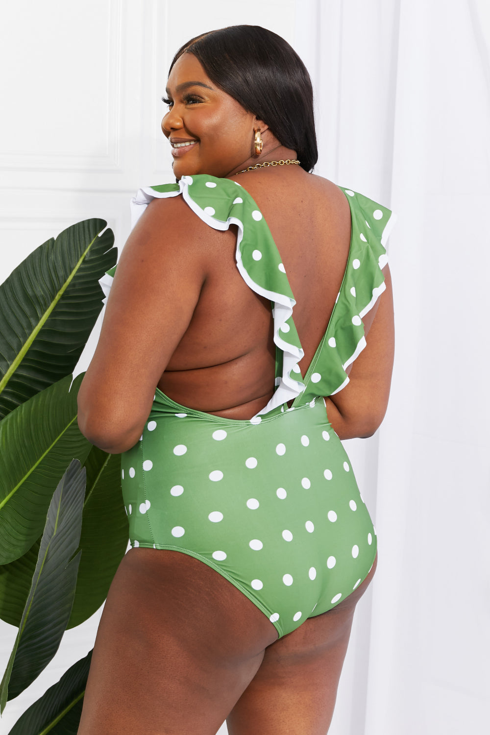 Marina West Swim Moonlit Dip Ruffle Plunge Swimsuit in Mid Green-Teresa&#39;s Fashionista LLC