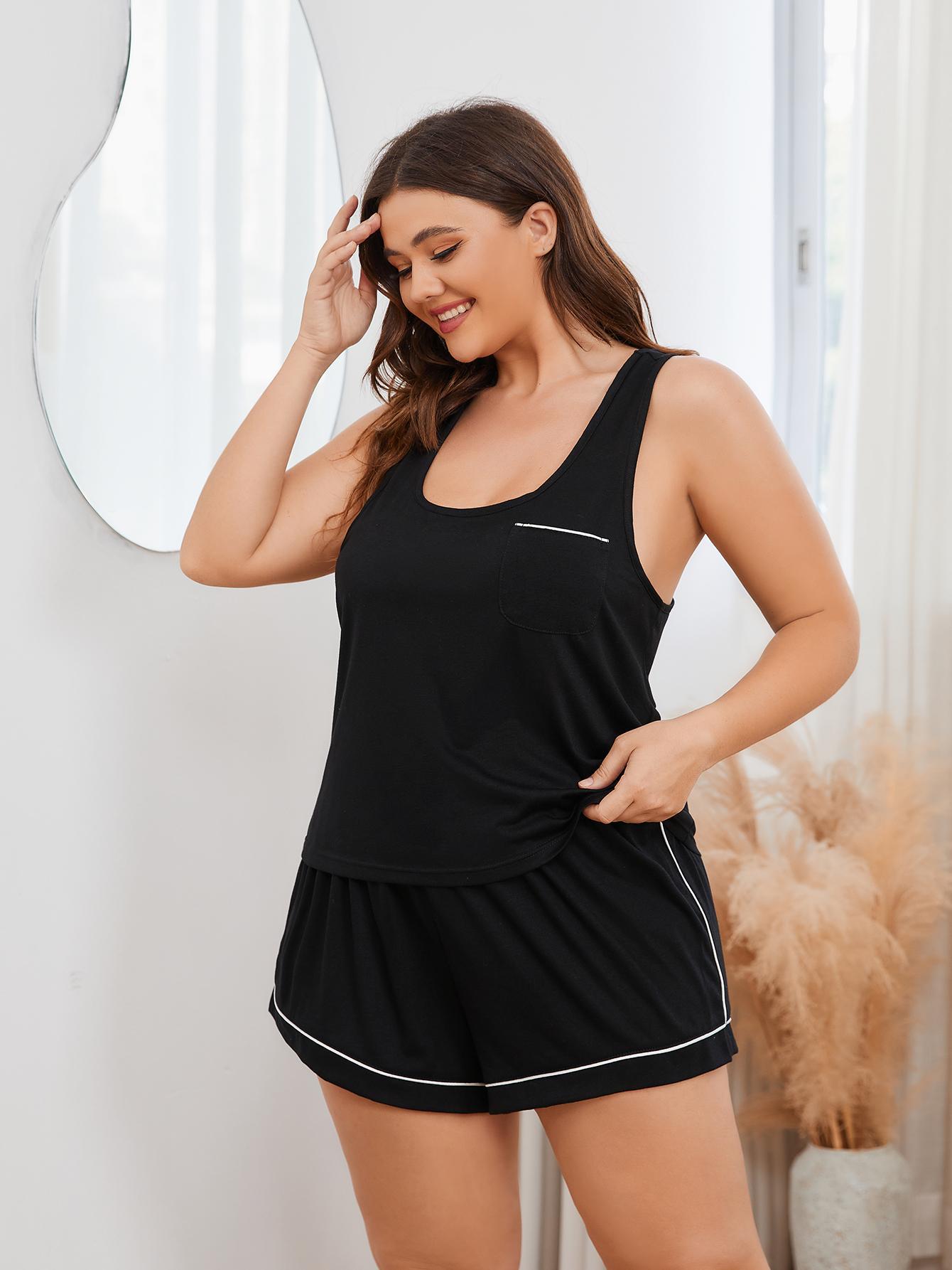 Plus Size Contrast Piping Racerback Tank and Shorts Lounge Set-Teresa&#39;s Fashionista LLC